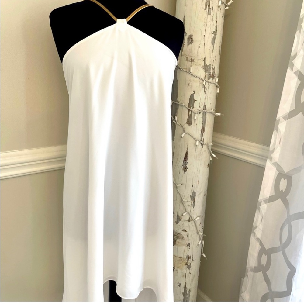 White Goddess Dress!! Asymmetrical white with gold neck and open back! Size XS